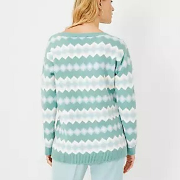 Ann Taylor Chevron Tunic Sweater M Fair Isle Diamond Relaxed Seafoam Green Blue - Picture 2 of 10